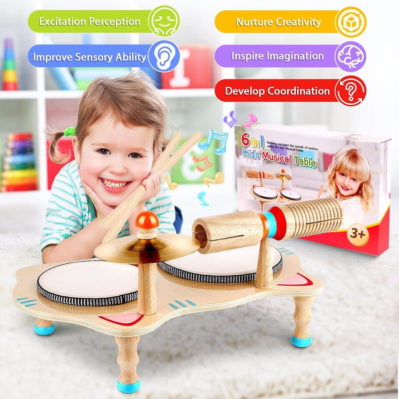 wingyz Store Kids Drum Set – 6-in-1 Wooden Musical Instruments for Toddlers 1–3, Montessori Baby Music Set with Drums, Cymbal & Tone Block, FSC-Certified Cat Design Table for Home & Classroom Learning Gift - Image 2